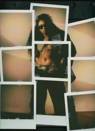Portrait of a woman with long curly hair wearing sunglasses, captured in layered Polaroid-style photos with a warm, golden light.