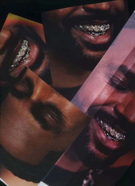 Collage of African American man with gold teeth grills, smiling and eyes closed. Beauty and fashion imagery, close-up crops.