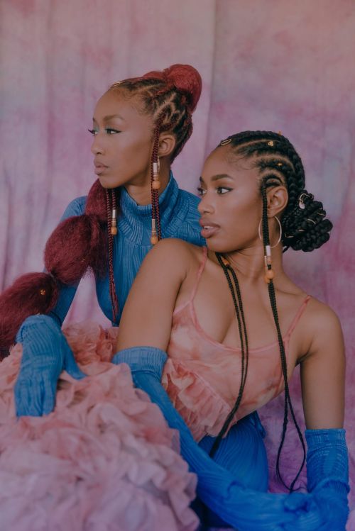 Two Black women pose in a studio with a patterned pink and white backdrop. The women wear blue and pink garments with braided hair.