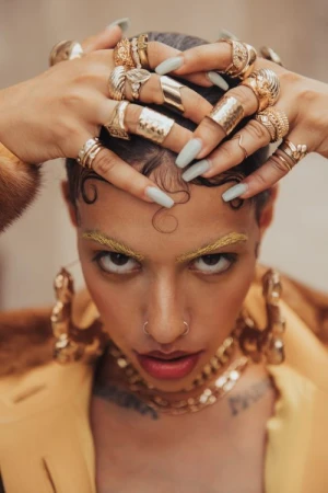 Close-up portrait of a person with gold eyebrows, multiple rings on fingers framing the head, and large hoop earrings.