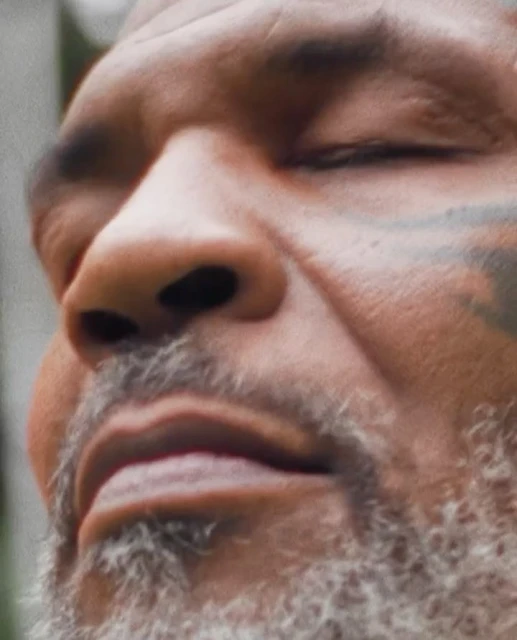 Close-up shot of an adult male's face with a partially closed eye, a gray beard, and face tattoo against a blurred, natural background.