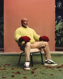 Mike Tyson seated on a chair outdoors, wearing a fuzzy yellow sweater, khaki trousers, and red boxing gloves.