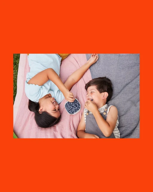 Smiling kids, boy and girl, lie outdoors on blankets sharing blueberries from a bowl on a sunny day, with green grass in the background.