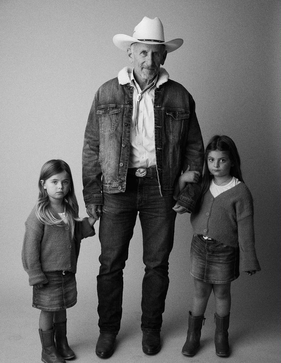 Studio shot of an elderly man in a cowboy hat standing with two young girls, all in denim and neutral tones, creating a timeless family portrait.