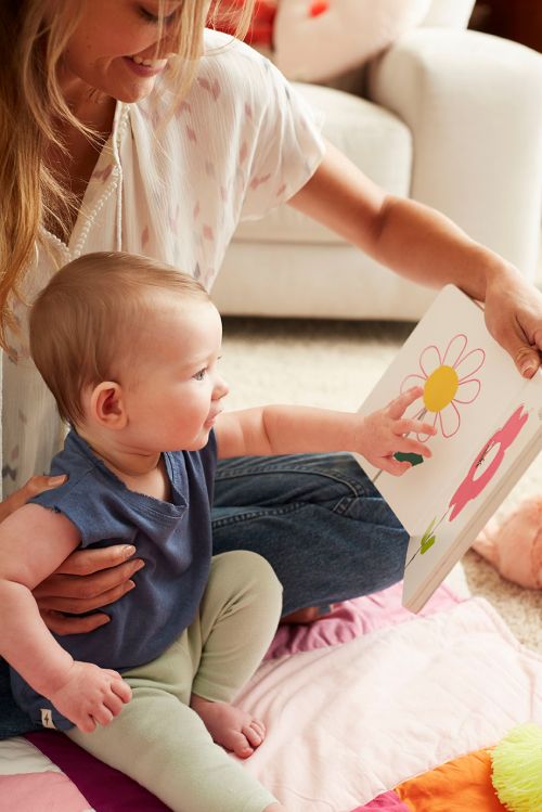 Young child and adult are sitting on a quilt while looking at a picture book with flower illustrations in an indoor living room setting.