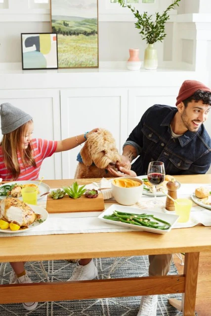 Family, including a child, adult male, and dog, gather at a wooden table set with food and drinks in a brightly lit dining room.