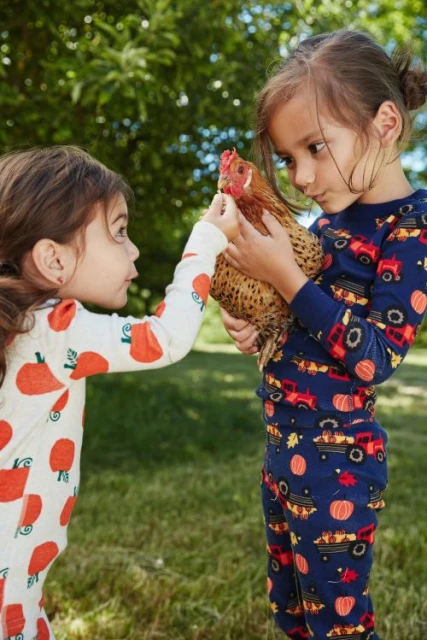 Two young girls in pajamas with pumpkin and tractor patterns interacting with a brown chicken in a grassy outdoor setting.