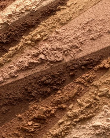 Close-up of multicolored, striated eyeshadow palette, showcasing light beige, tan, and brown shades in horizontal bands of loose powder.