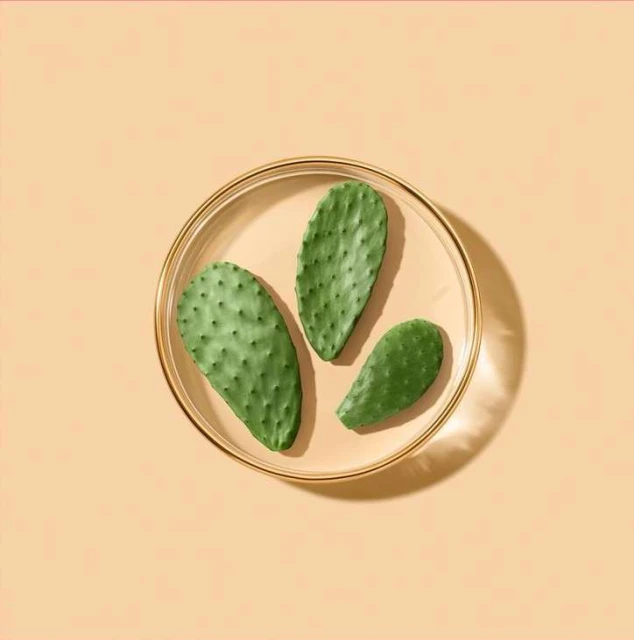 Three green cactus pads arranged in a clear glass dish, casting shadows on a peach-colored background, illuminated by studio lighting.