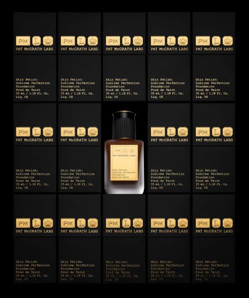 Pat McGrath Labs Skin Fetish Sublime Perfection Foundation, showcasing product and packaging in a grid arrangement on a black background.