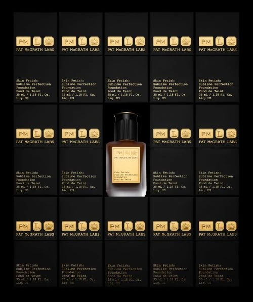 Pat McGrath Labs Skin Fetish Sublime Perfection Foundation, showcasing product and packaging in a grid arrangement on a black background.