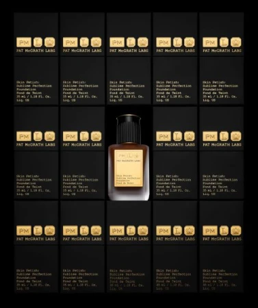 Pat McGrath Labs Skin Fetish Sublime Perfection Foundation, showcasing product and packaging in a grid arrangement on a black background.