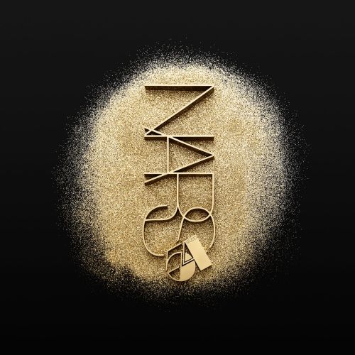 NARS 54 brand logo in gold on a black background surrounded by a gold glitter halo, for beauty and makeup marketing visuals.