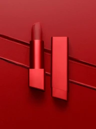 Red lipstick tube open beside its matching red cap against a monochromatic red background with diagonal lipstick swatches.