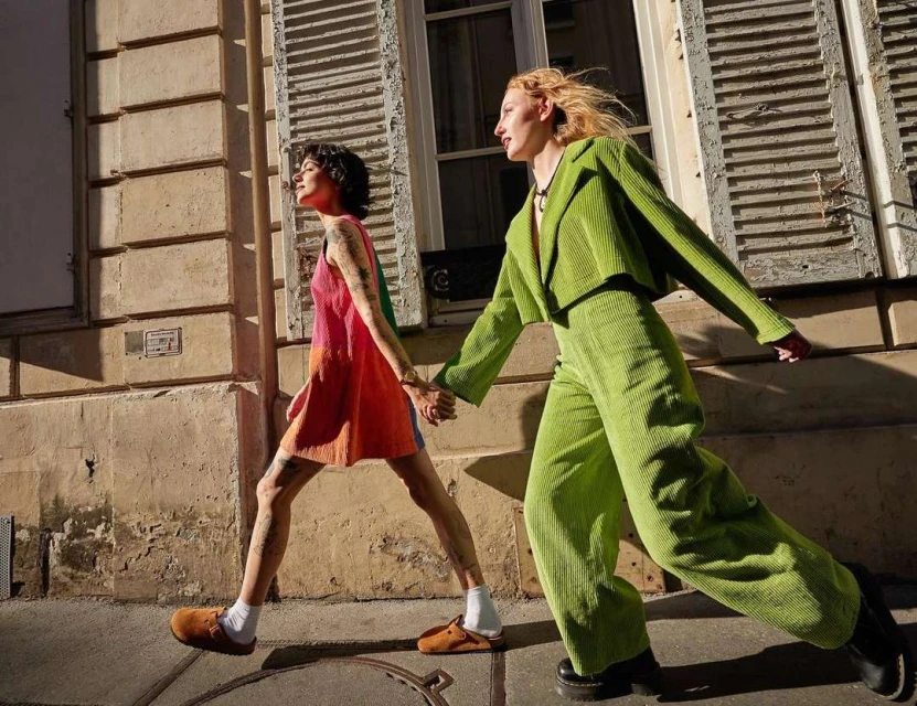 Two fashion models stroll down a city street, illuminated by sunlight. One wears a pink dress, the other a corduroy green suit.