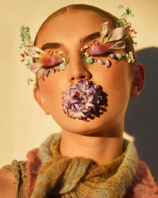 Eye-level portrait of a woman with flower makeup and pastel clothing against a neutral background, shot with warm lighting and shallow focus.