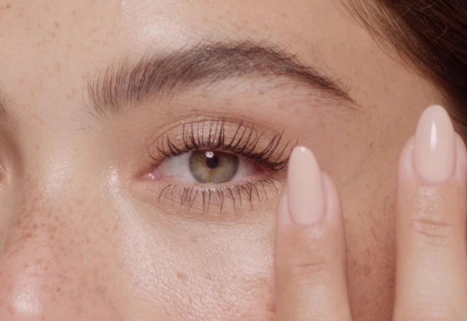 Close-up shot of a woman's eye with long lashes and beige fingernails touching her face, freckles visible, beauty and skincare theme.