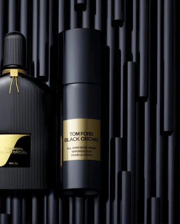 Black Tom Ford perfume and body spray on a black background, product shot for beauty, health, and fashion industries.