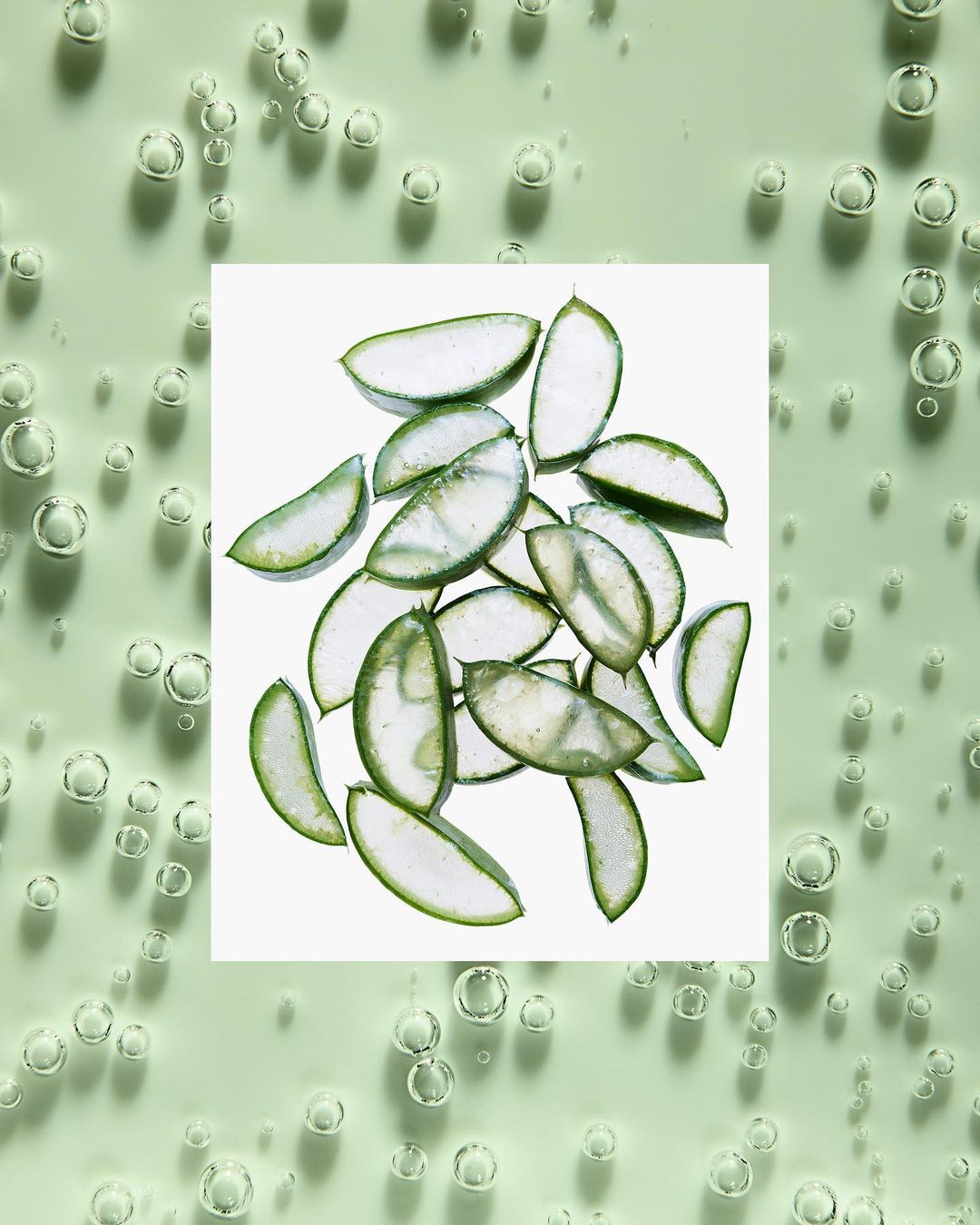 Close-up of aloe vera slices on a bright green, bubbly surface, suggesting skincare product photography for the beauty and healthcare industries.