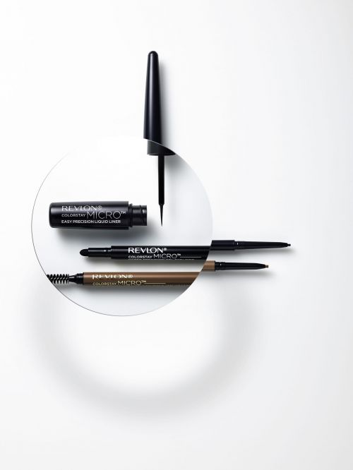 Cosmetic product shot of Revlon ColorStay Micro Easy Precision liquid eyeliner in black and ColorStay brow pencils in brown and black.