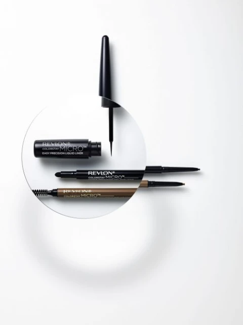 Cosmetic product shot of Revlon ColorStay Micro Easy Precision liquid eyeliner in black and ColorStay brow pencils in brown and black.