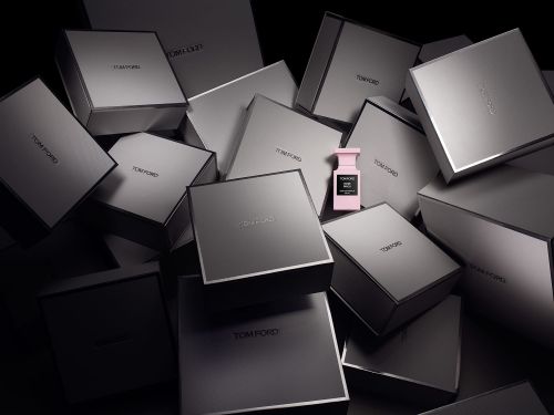Tom Ford perfume bottle in pink among multiple grey Tom Ford boxes, product-focused and visually showcasing luxury beauty brand.
