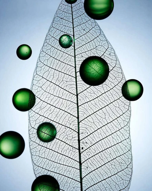 Close-up of a translucent leaf skeleton with floating water droplets, showcasing delicate textures and minimalist botanical art.