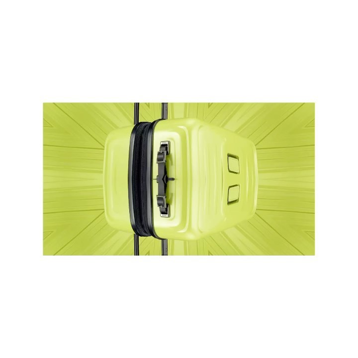 Shiny chartreuse rolling luggage with black straps and chrome handle detail set against an abstract green burst background.