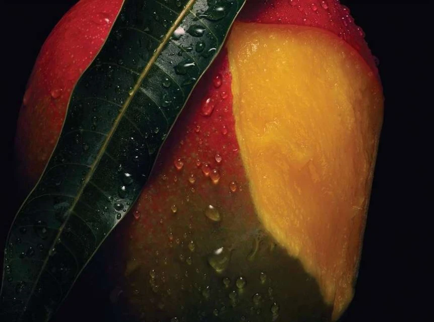 Close-up studio shot of a fresh mango with water droplets on the surface and a green leaf, against a dark background, food photography.