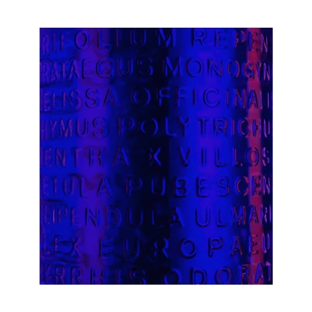 Abstract background featuring various botanical names in an embossed, dark blue color palette with subtle lighting and texture.