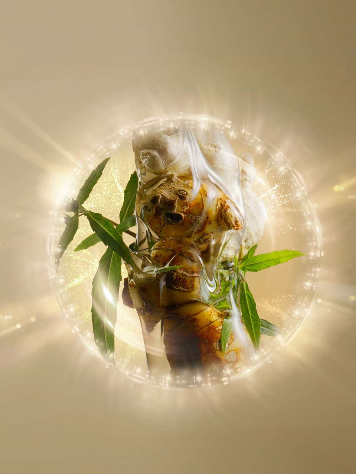 Still life shot of a textured bust encased in a translucent bag with cannabis leaves and a shimmering golden light effect around it.