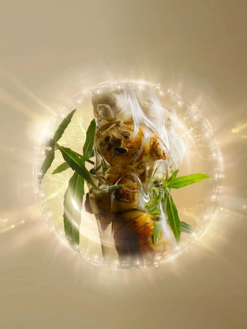 Still life shot of a textured bust encased in a translucent bag with cannabis leaves and a shimmering golden light effect around it.