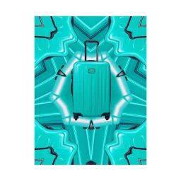 Turquoise hardside suitcase with a retractable handle against a symmetrical kaleidoscopic background