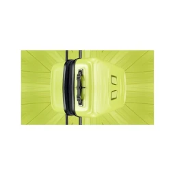 Lime green hardshell suitcase centered against a vibrant radiating green background in a studio shot