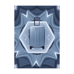 Silver wheeled suitcase centered against a symmetrical blue geometric patterned backdrop