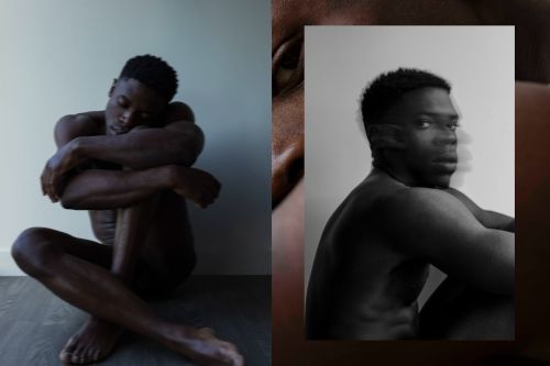 Two images: A Black man sits in the left frame, hugging his knees. The right frame shows a second artistic portrait of the same man.
