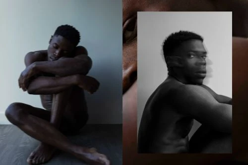 Two images: A Black man sits in the left frame, hugging his knees. The right frame shows a second artistic portrait of the same man.