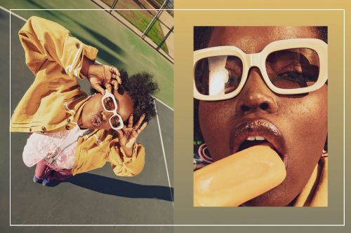 Split image of a young adult with sunglasses wearing a jacket and eating an ice pop outside on a sunny day.