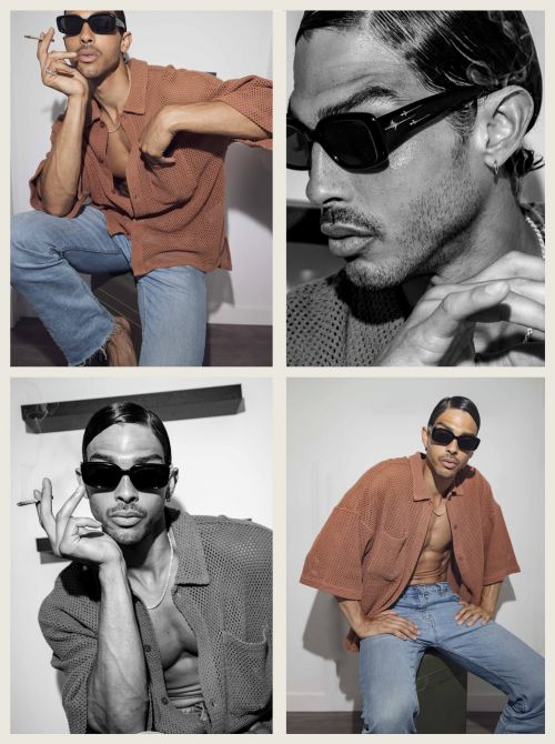 Four-panel portrait of a male model in sunglasses and a brown shirt, posing indoors with a cigarette in a collage composition.