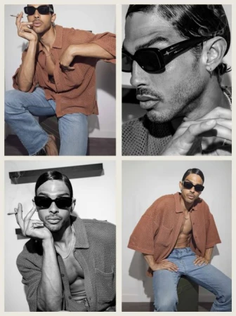 Four-panel portrait of a male model in sunglasses and a brown shirt, posing indoors with a cigarette in a collage composition.