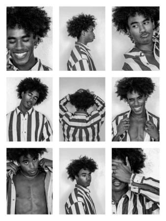 Black and white portrait collage of a young Black man with afro hair, wearing a striped shirt, showing various poses and facial expressions.