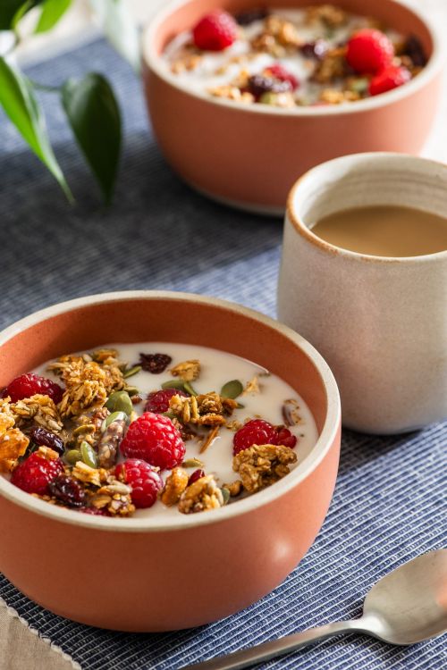 Close-up of two bowls filled with granola, raspberries, and milk, next to a cup on a blue patterned placemat with natural lighting.