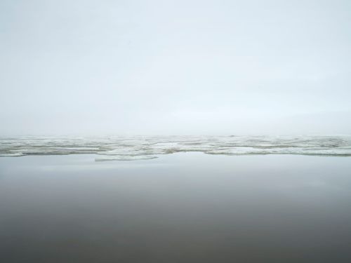 Low-angle shot of ice floes floating on the water against a foggy sky, creating a serene and minimalist scene.