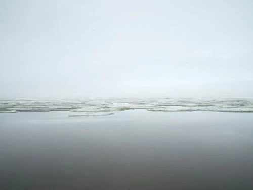 Low-angle shot of ice floes floating on the water against a foggy sky, creating a serene and minimalist scene.