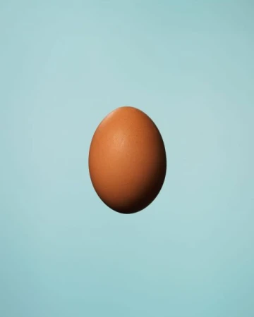 Close-up studio shot of a single, brown chicken egg against a plain light blue background, minimal studio food photography.
