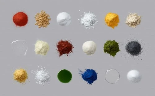 An array of vibrant powders and granules including red, white, yellow, green, blue, and brown set against a clean grey background.