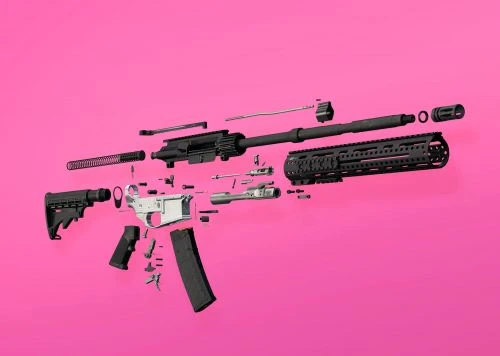 Exploded view of an AR-15 rifle against a vibrant pink background, showcasing its individual components arranged in a precise layout.