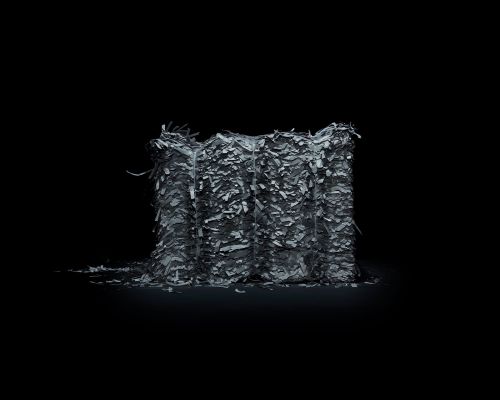 Digitally rendered stacks of shredded paper create a textural wall against a dark background with subtle lighting. 