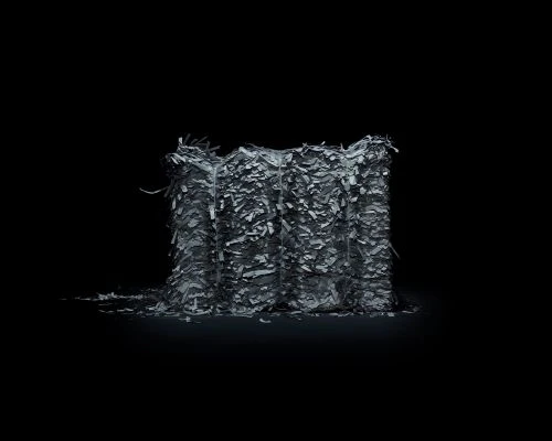 Digitally rendered stacks of shredded paper create a textural wall against a dark background with subtle lighting. 