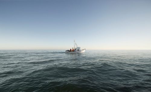 Fishing boat navigates on a calm sea under a clear sky, several people on board the white boat in a wide, open water view.
